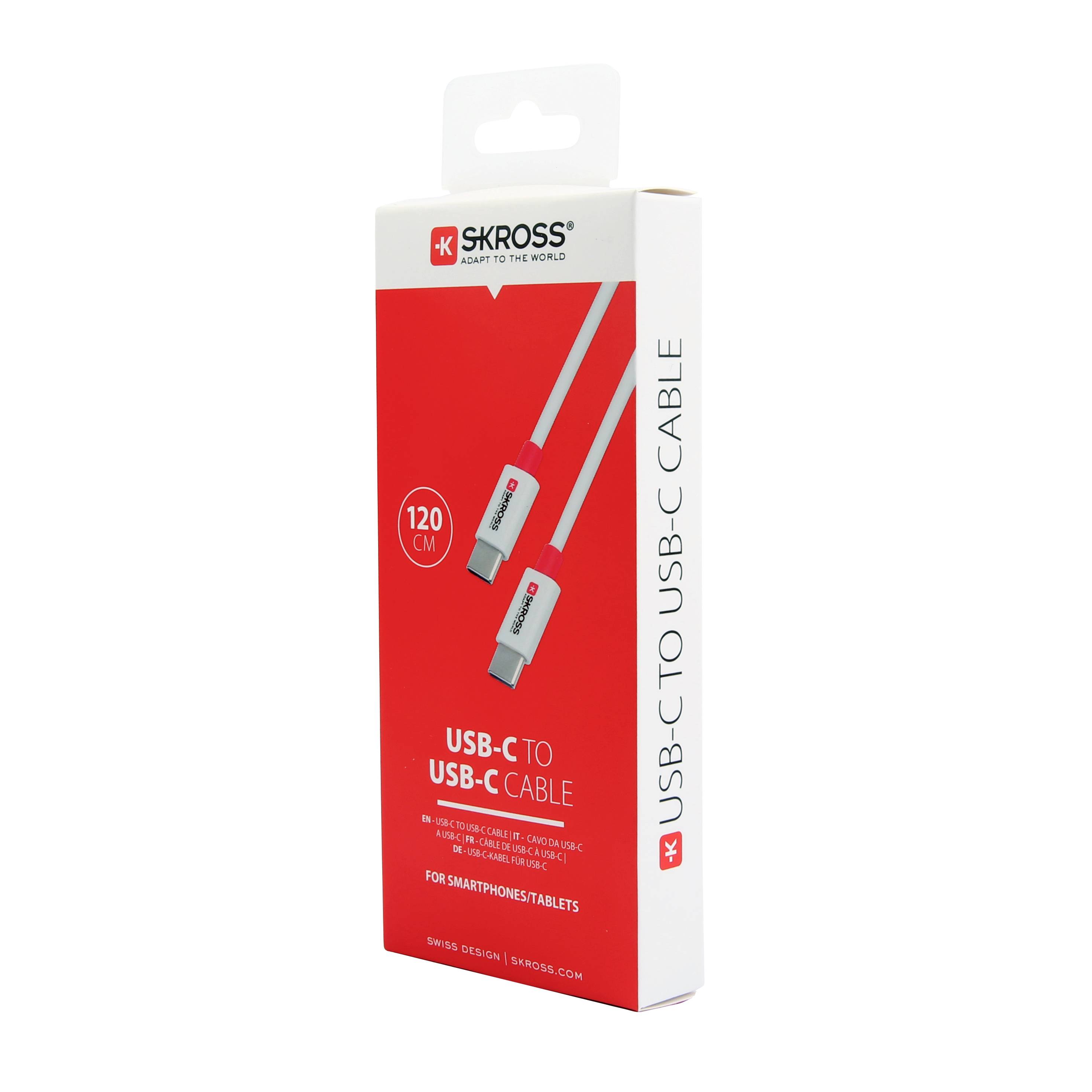 A red packaging displays a 120 cm USB-C to USB-C cable by SKROSS, suitable for smartphones and tablets.