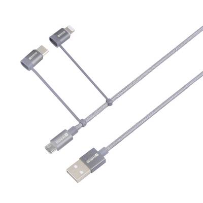 A triple USB charging cable adapter with USB-C, Micro-USB, and Lightning connectors, suitable for multiple device types.