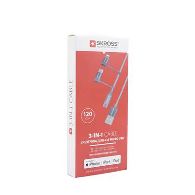 Packaging for a Skross '3-in-1' cable, compatible with Lightning, USB-C and Micro USB, length 120 cm, suitable for iPhone, iPad and iPod.