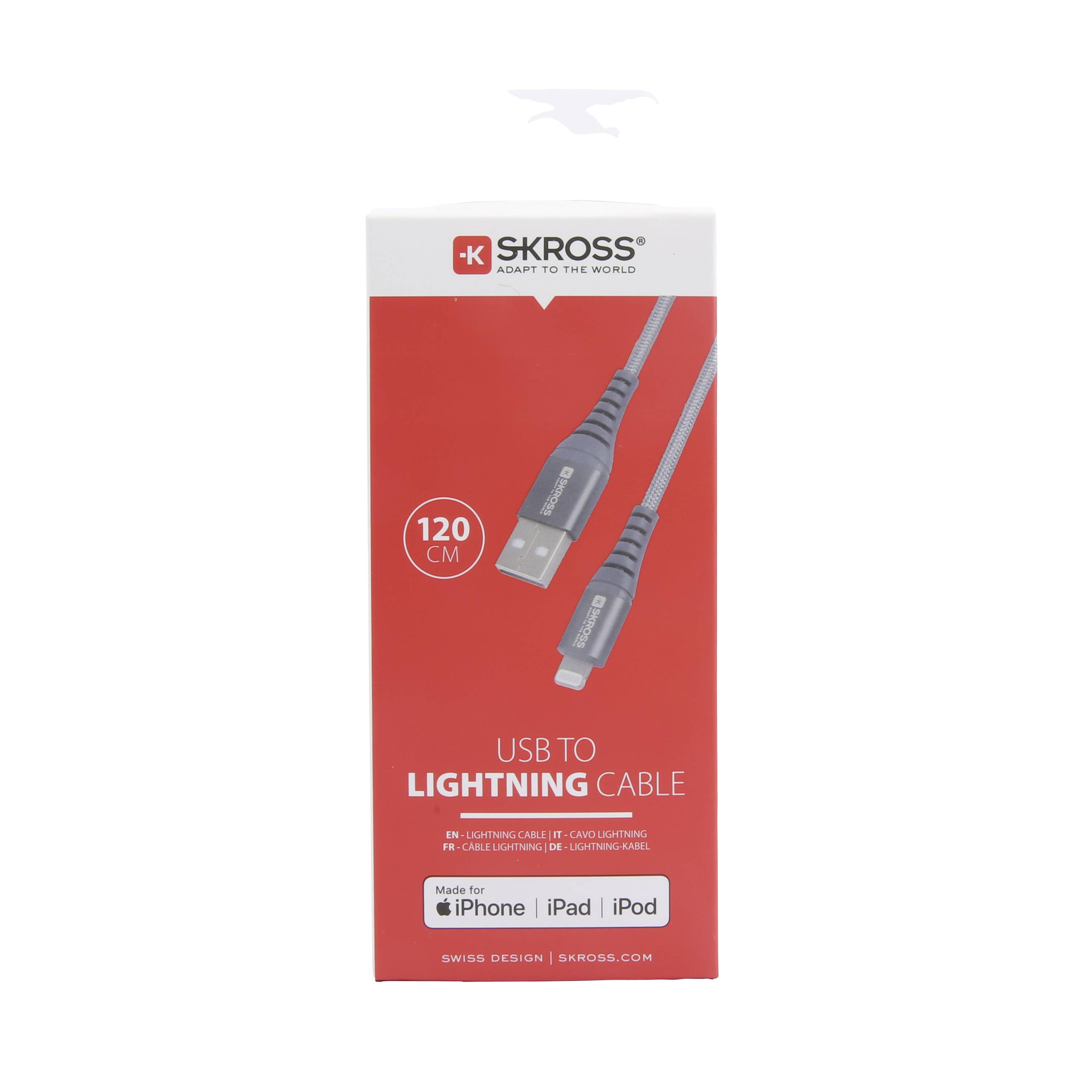 'Red packaging of a 120 cm long SKROSS USB-to-Lightning cable for iPhone, iPad and iPod. Swiss Design.'
