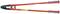 A large red bolt cutter with black cutting jaws, used for cutting through metal rods or wires.