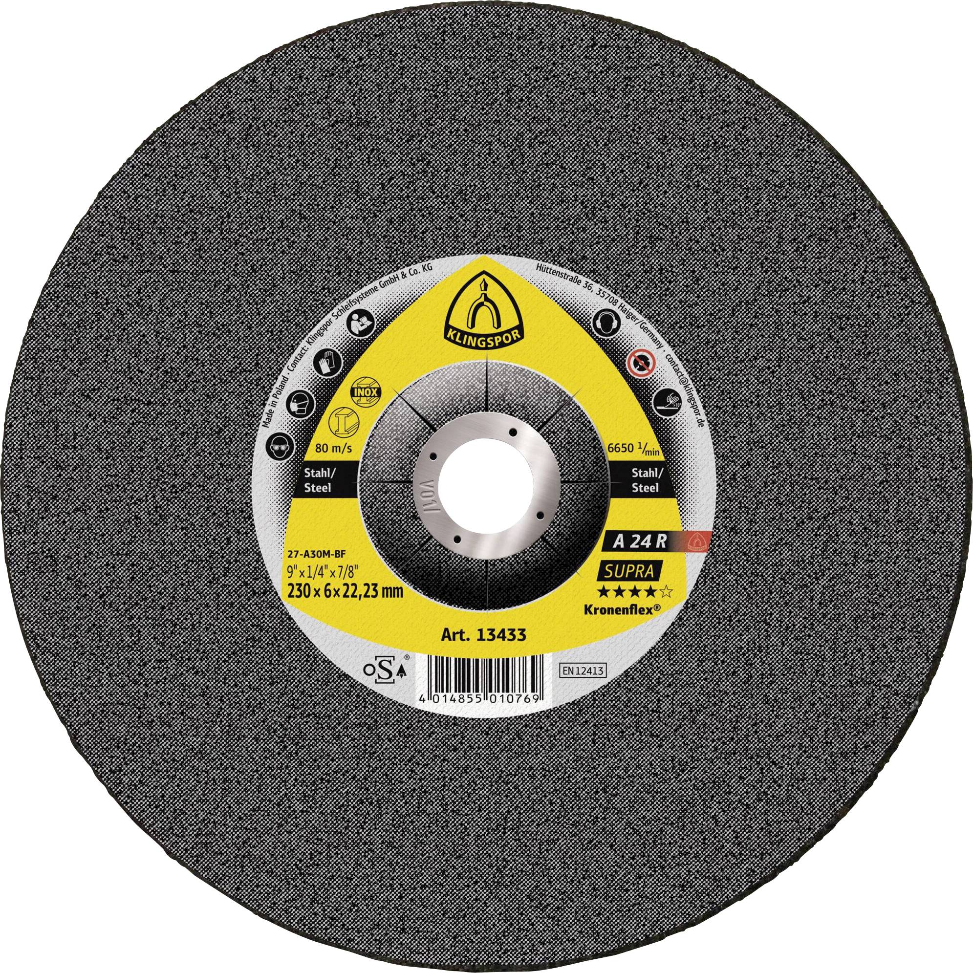 Close-up of a Klingspor abrasive cutting wheel labeled 'A 24 R SUPRA' for steel, with a central mounting hole.