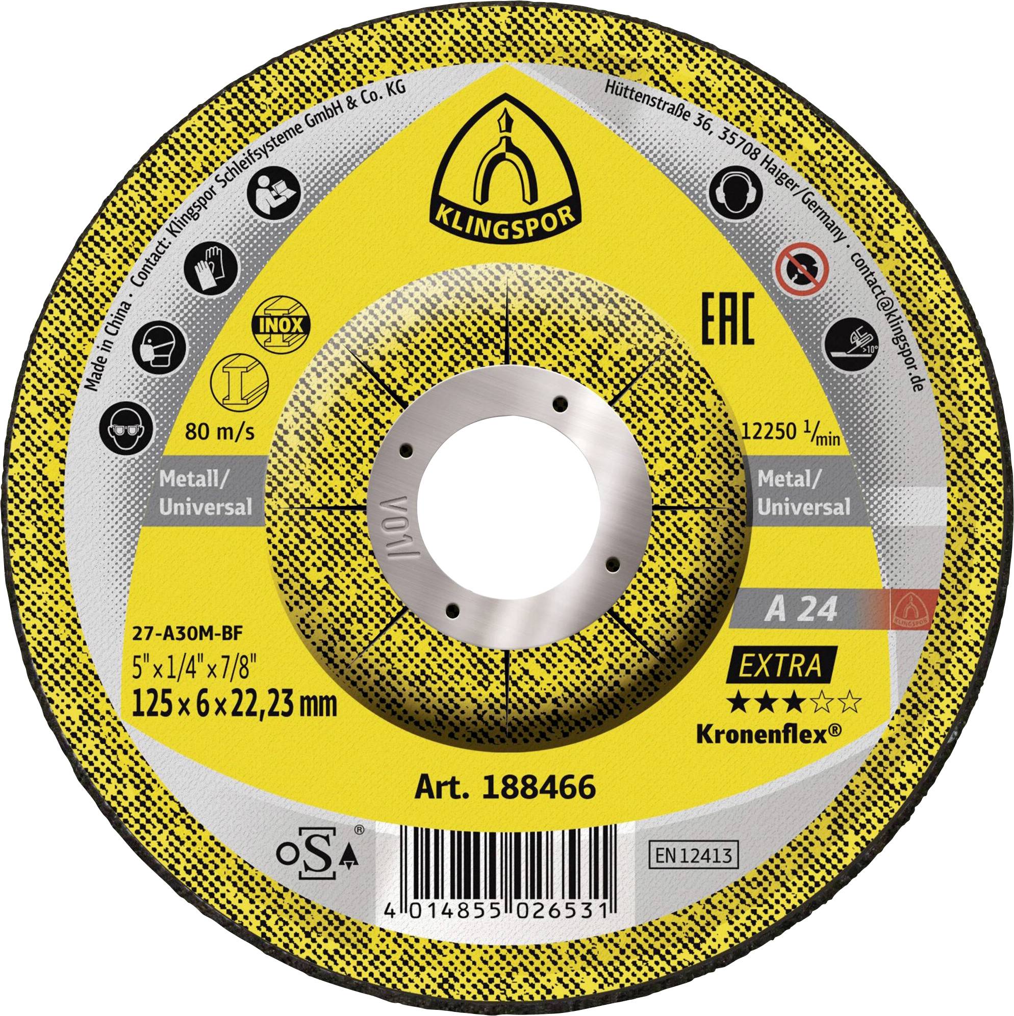 Yellow abrasive cutting wheel labeled 'Klingspor' for metal/universal use, showing product specs, safety icons, and barcode.<br>