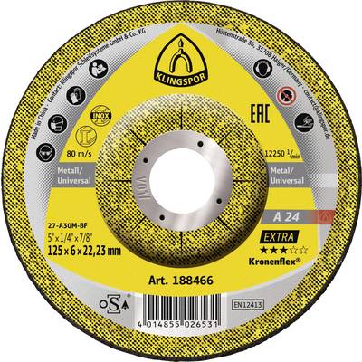 Yellow abrasive cutting wheel labeled 'Klingspor' for metal/universal use, showing product specs, safety icons, and barcode.<br>