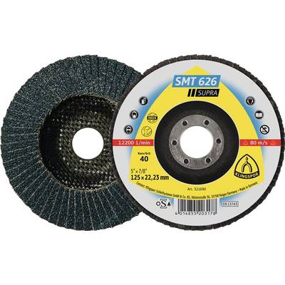'SMT 626 Supra' Grinding Disc, Grit 40, Diameter 125 mm, Bore 22.23 mm, Maximum Speed 12,200 RPM. Suitable for Stainless Steel.