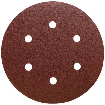 Round, brown sanding disc with six holes, used for grinding machines for surface processing.