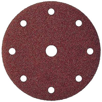Red sanding paper circular disc with a central hole and multiple peripheral holes, suitable for sanding machines.