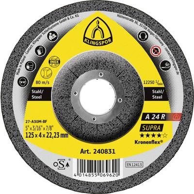 Klingspor abrasive cutting wheel for steel, labeled A 24 R Supra, 125 x 4 x 22.23 mm, 12250/min, for angle grinders.