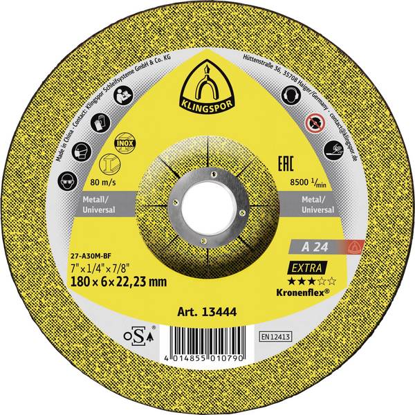 Klingspor 13444 A 24 Extra Grinding disc (off-set) Diameter 180 mm Bore diameter 22.23 mm Steel 10 pc(s)