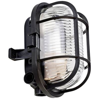 An oval outdoor wall light with a black metal mesh and ribbed glass. It is designed to protect and illuminate wall areas.