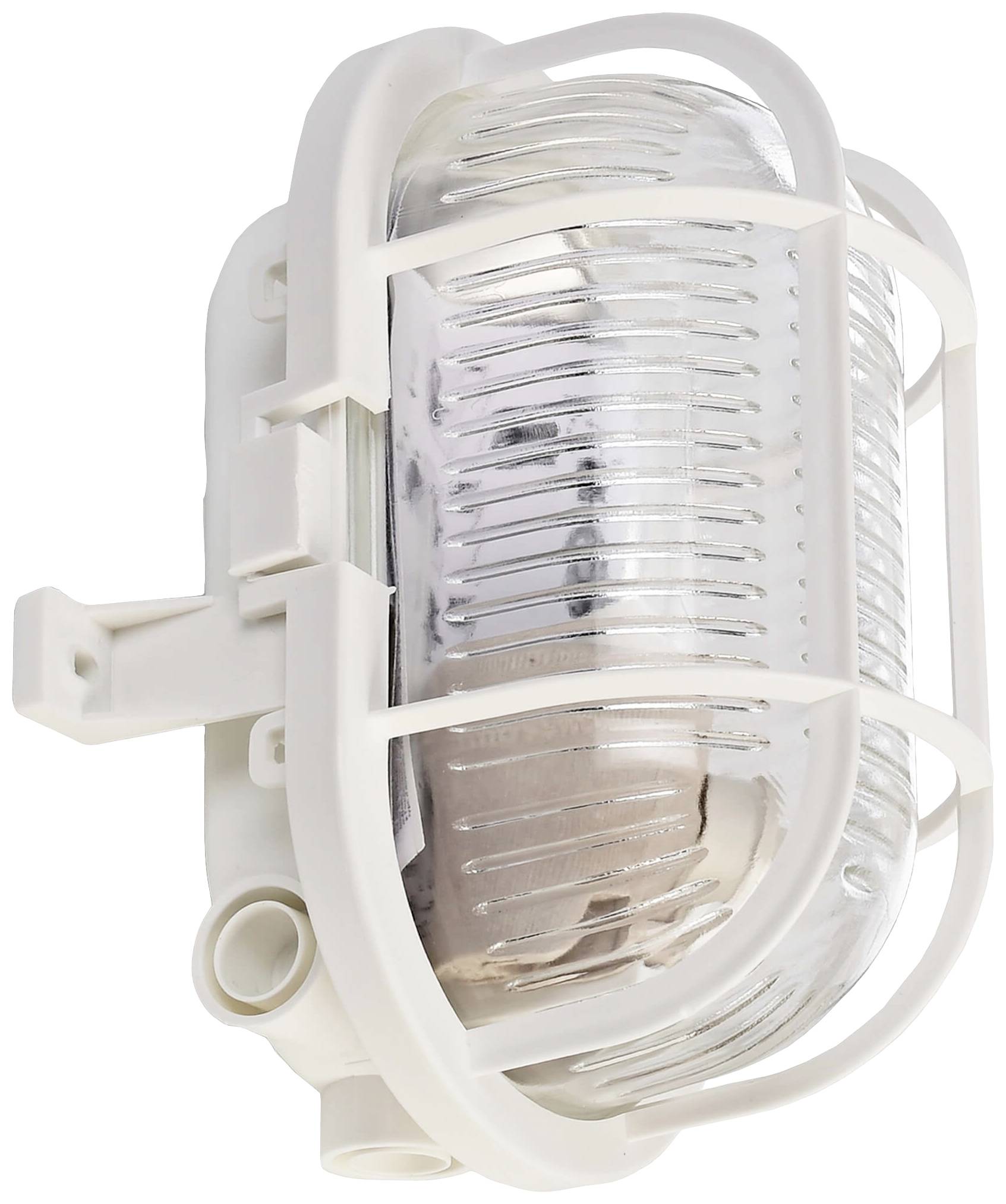 Wall light with a round metal mesh and curved glass, painted white. Suitable for indoor or outdoor use.