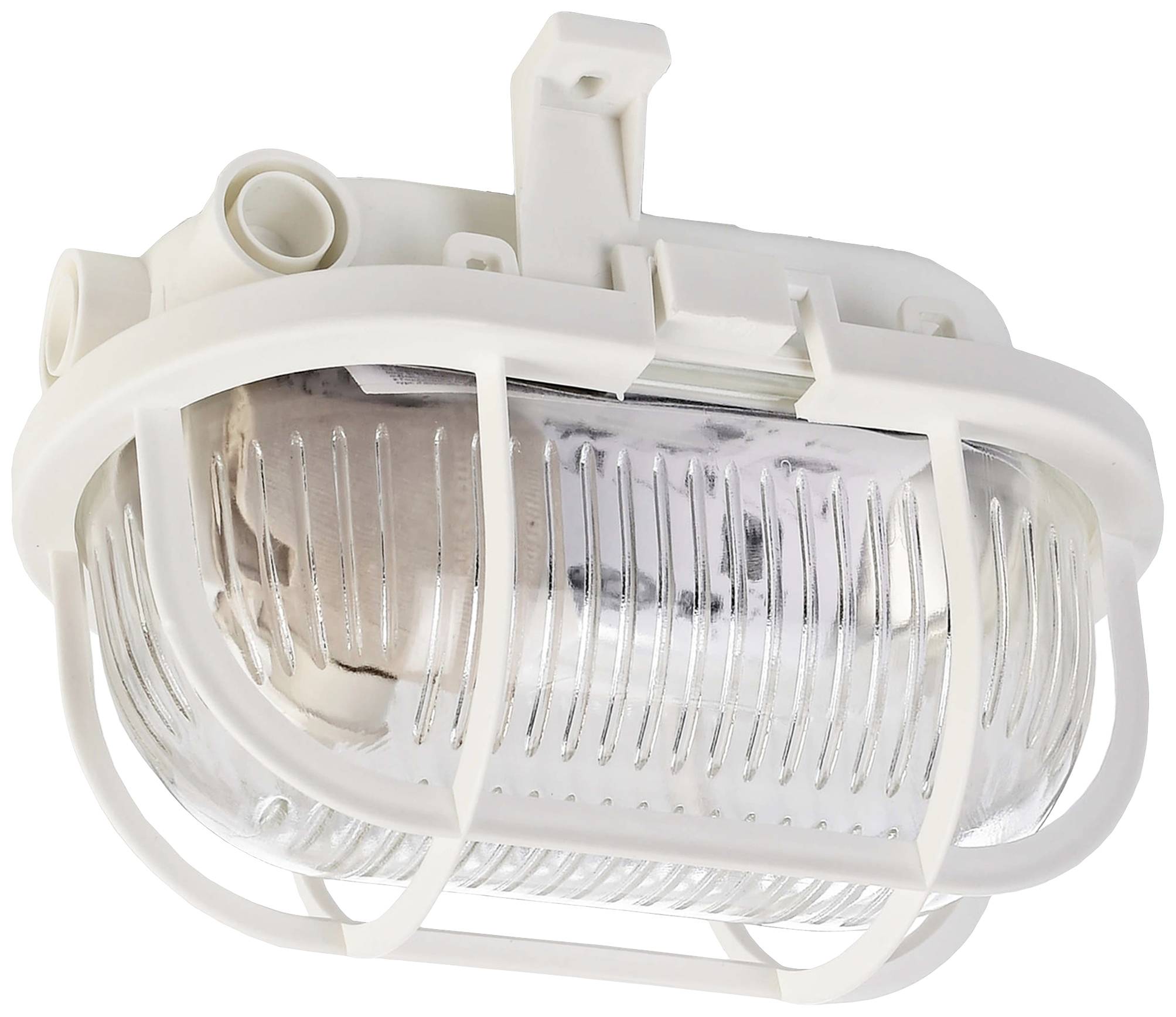 White, wall-mounted outdoor light with protective grille and clear glass, suitable for illuminating entrance areas or gardens.