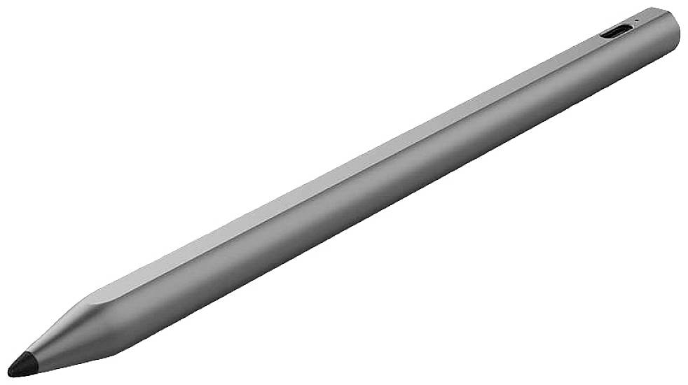 A modern, silver stylus pen with a black tip, lying on a white background.