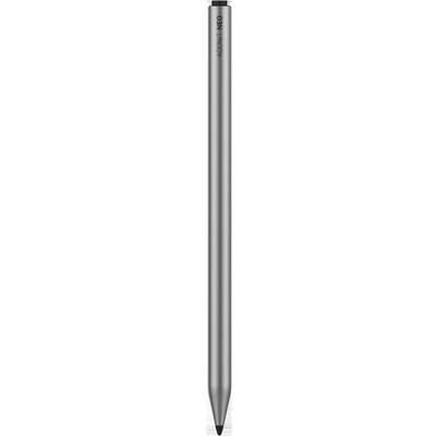 A silver pen with a black tip, held vertically, on a white background.