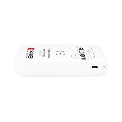 A white portable charger with 'PD' and 'ACROSS' printed on it. Contains a USB port on the side.