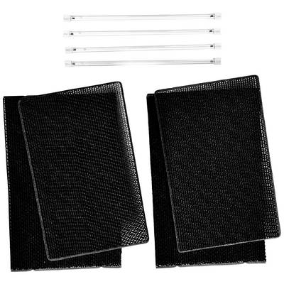 Black mesh bags and transparent plastic strips, likely part of a packaging or organisational system.