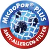 'MicroPor PLUS Anti-Allergen Filter.' Shows a blue background with filter structure and allergy-triggering particles depicted.