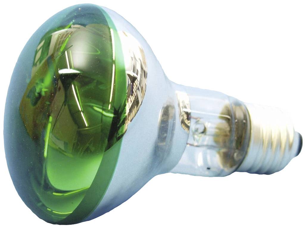 Green-shaded lamp, reflecting its surroundings.