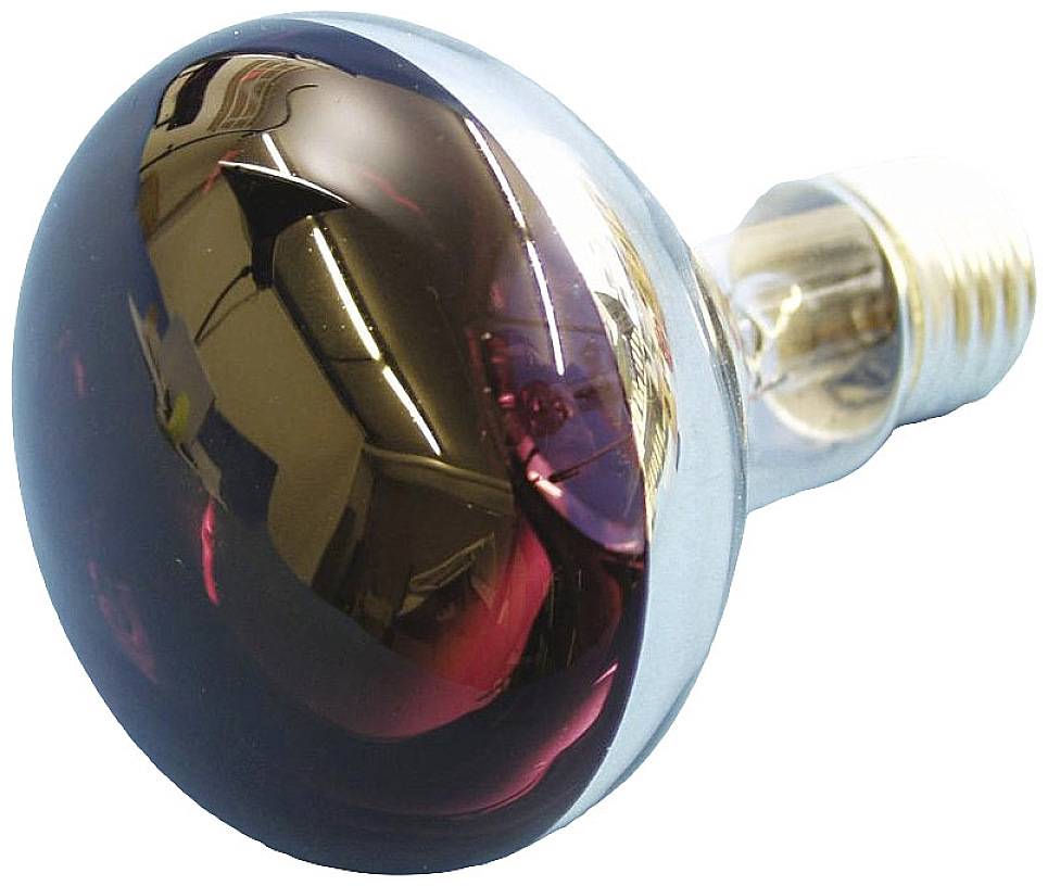 'Infrared lamp with a reflective glass bulb and metal thread. It is frequently used in therapeutic applications for heat treatment.'