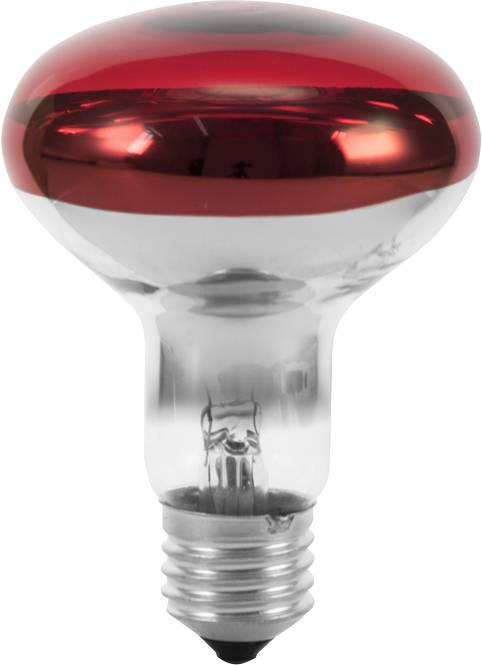 A red light bulb with a mirrored surface, E27 fitting, suitable for decorative purposes in living spaces or events.