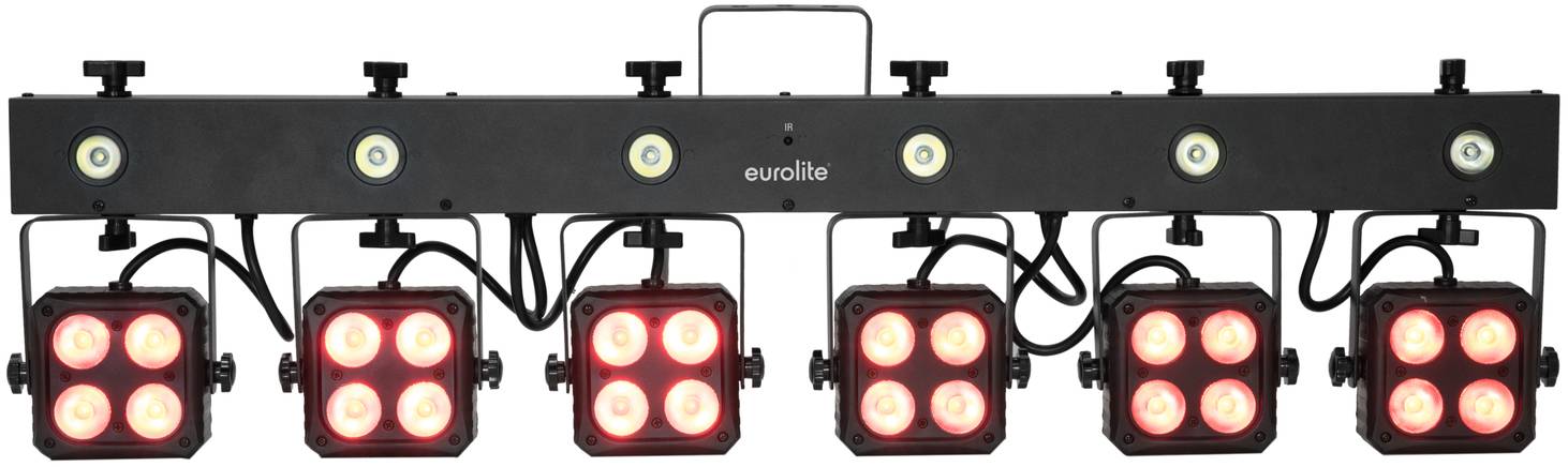 A light effect device with six square light units mounted on a black bracket, emitting red light.