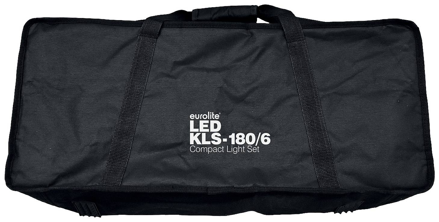 Black carry bag with the inscription 'eurolite LED KLS-180/6 Compact Light Set', suitable for transporting lighting equipment.