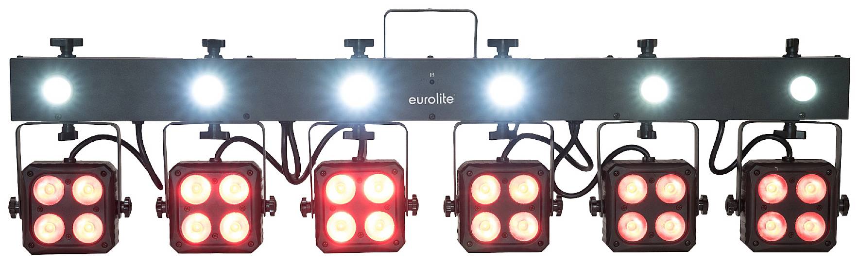 LED light bar with eight square spotlights, four white and four red illuminating, mounted on a black bar.