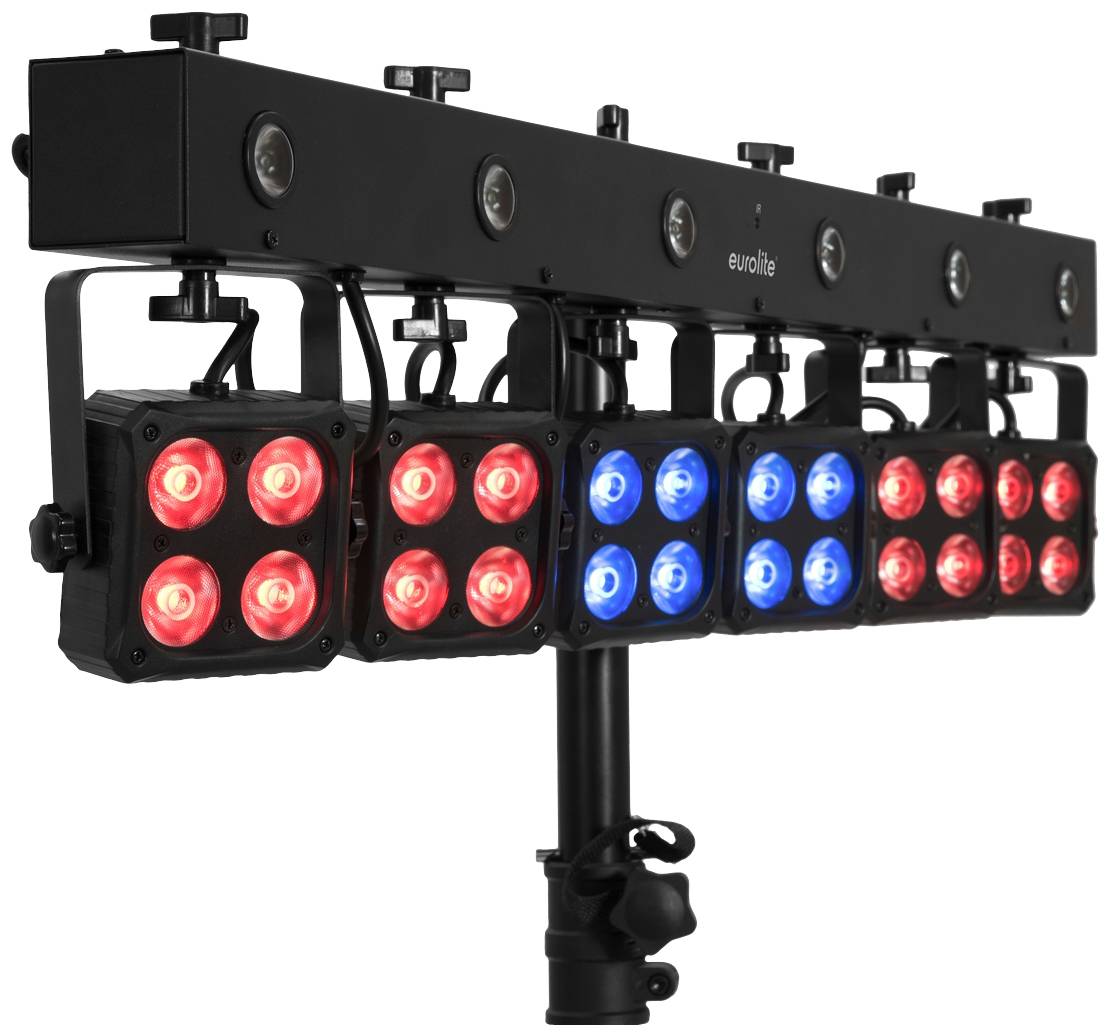 A studio light bar with multiple round lamps, partially illuminated in red and blue, mounted on a stand.