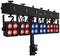 A studio light bar with multiple round lamps, partially illuminated in red and blue, mounted on a stand.