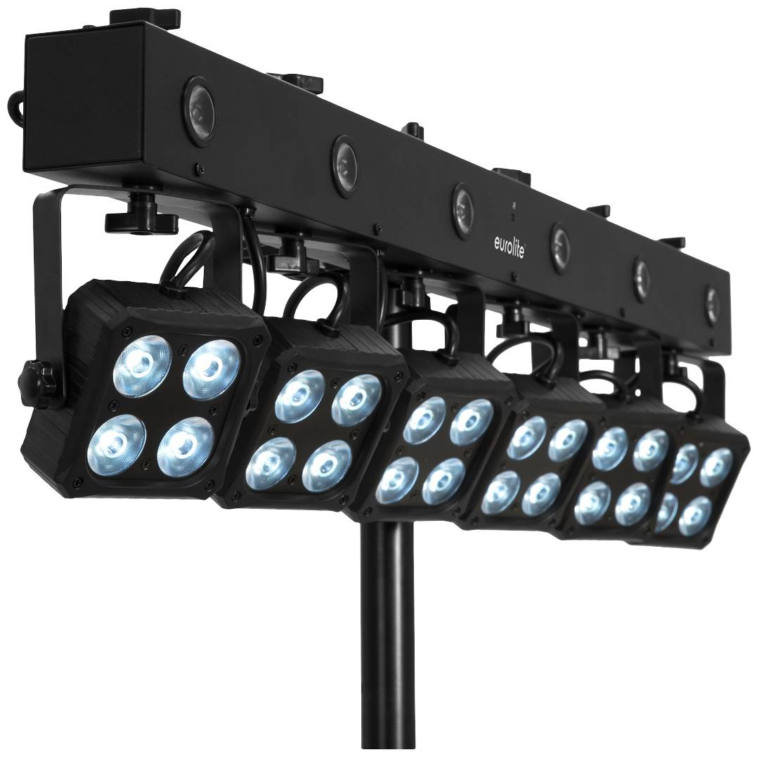 Spotlight system on a stand with multiple blue LED lights, suitable for stage lighting.