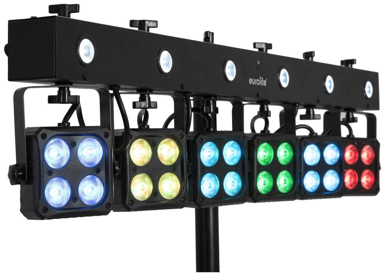 Eurolite light bar with four-colour LED lamps in blue, yellow, green and red, mounted on a stand, for stage lighting.