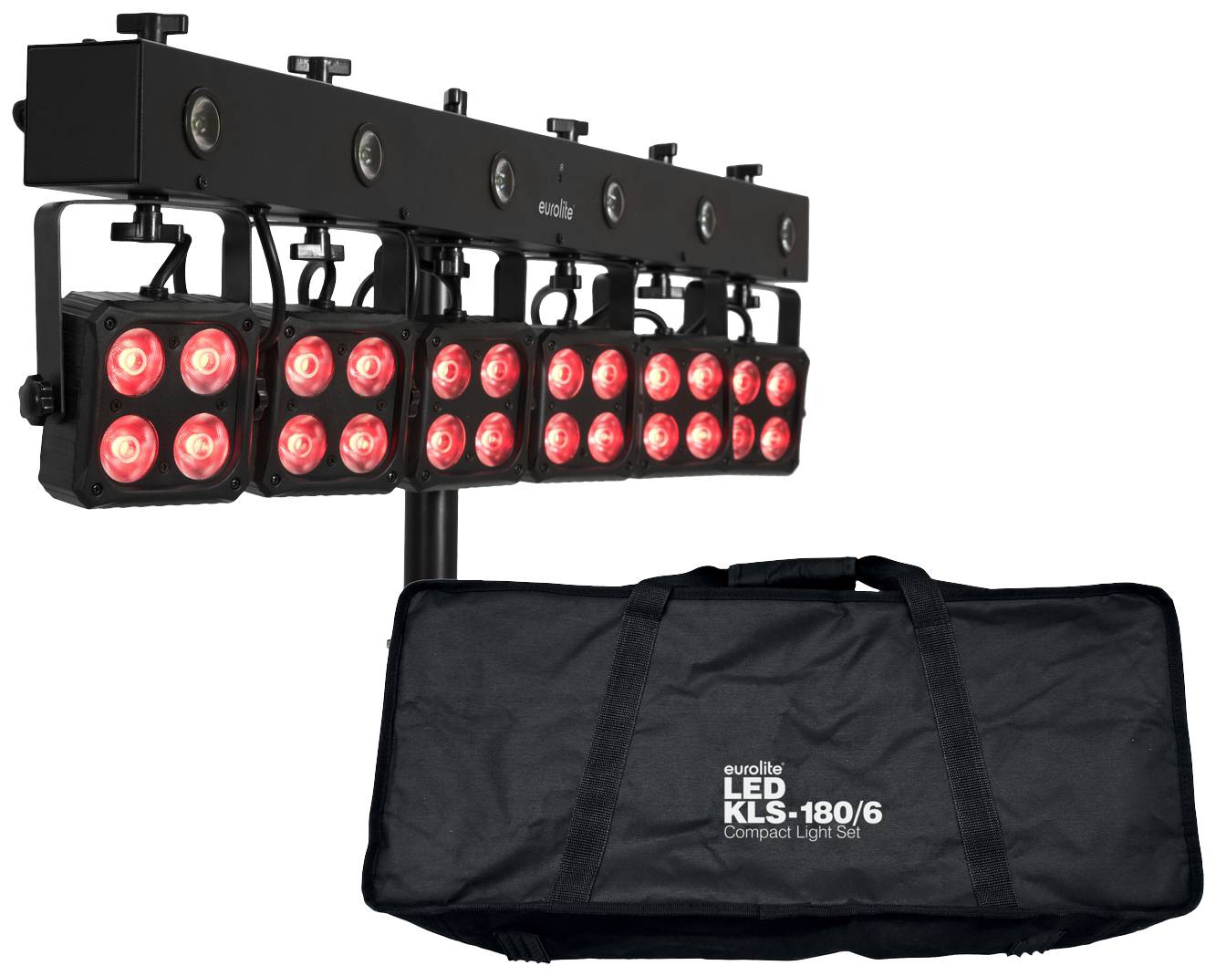 A set of LED lights mounted on a pole is glowing red. Beneath it sits a black carry bag.