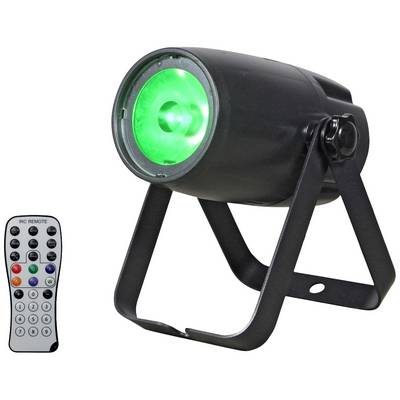 A black LED spotlight with a black stand is emitting green light. Beside it to the left lies a remote control with colourful buttons.