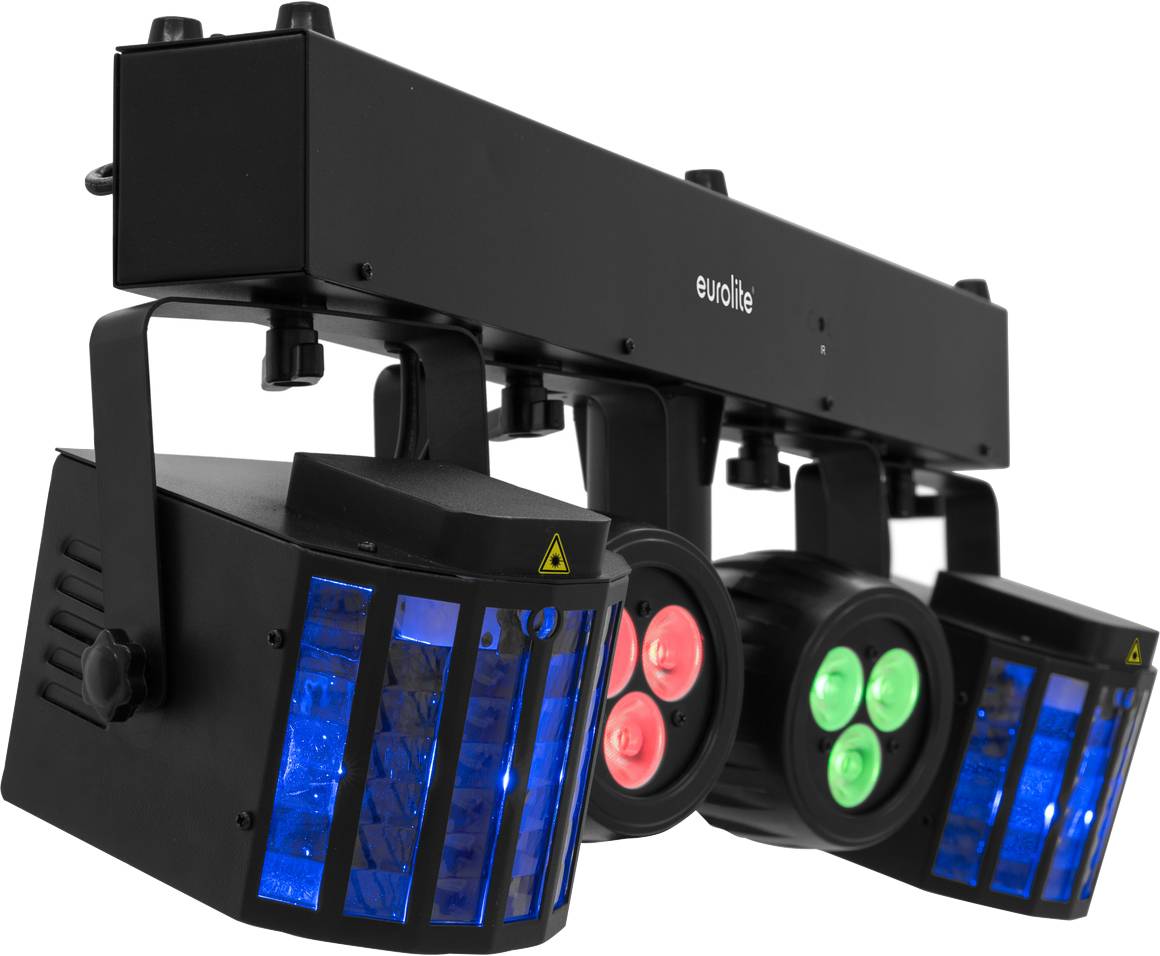 Multi-coloured LED light system with blue and red-green luminaires, suitable for stage lighting.
