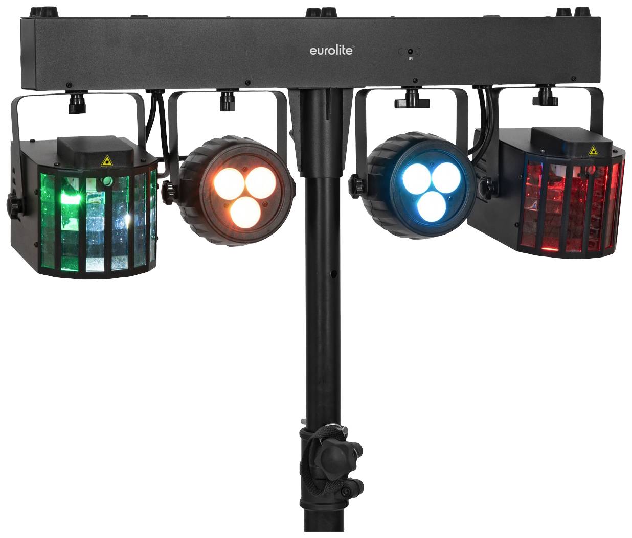 Four LED stage lights on a stand, each in Green, Red, Blue and Red illuminated. Above the spotlights, the brand name is visible.