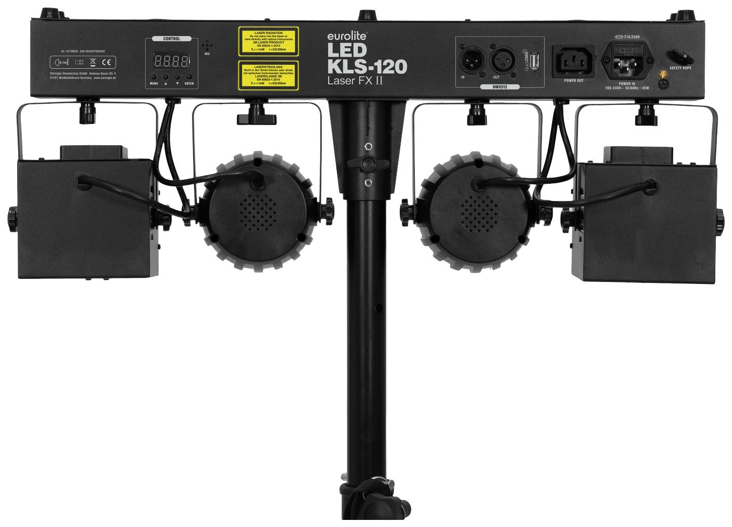 A lighting construction with multiple LED spotlights on a black stand, suitable for stage performances or events.