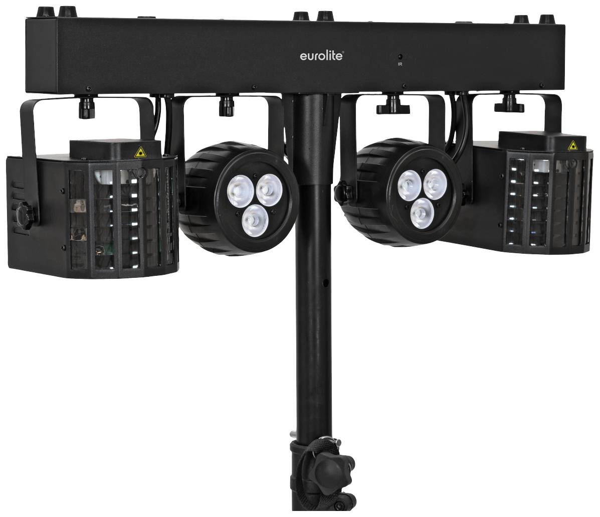 'Eurolite LED lighting effects device mounted on a stand with four individually adjustable light heads. Suitable for stage lighting.'