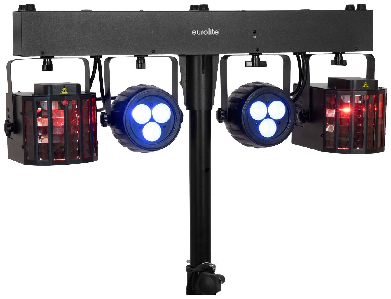 'Eurolite' lighting system with multiple LED spots in red and blue mounted on a black crossbar, suitable for stage lighting.