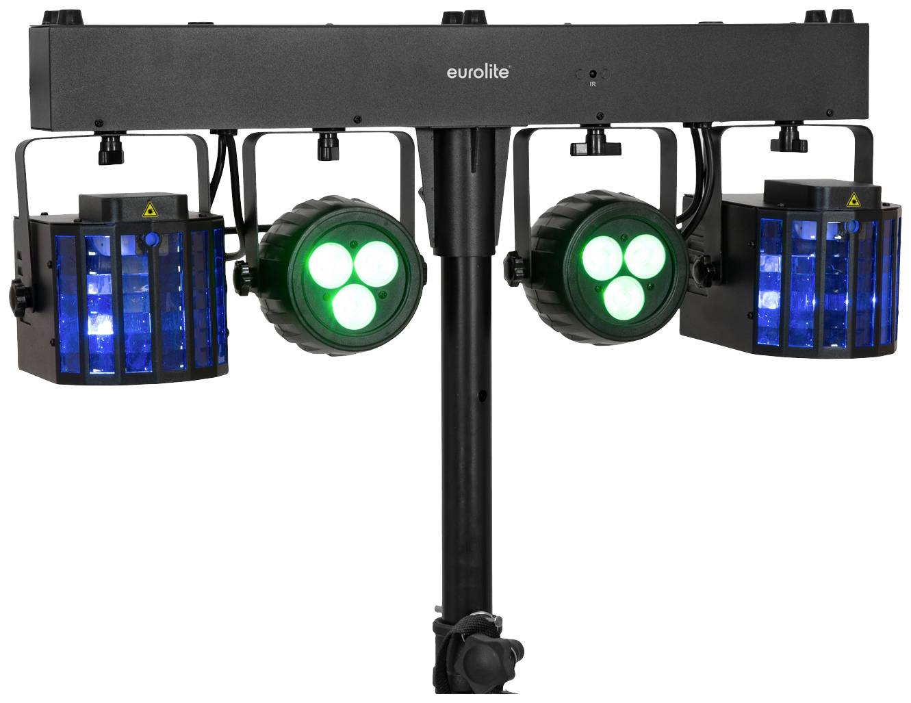Stage spotlight with two green and two blue lights on a black stand.