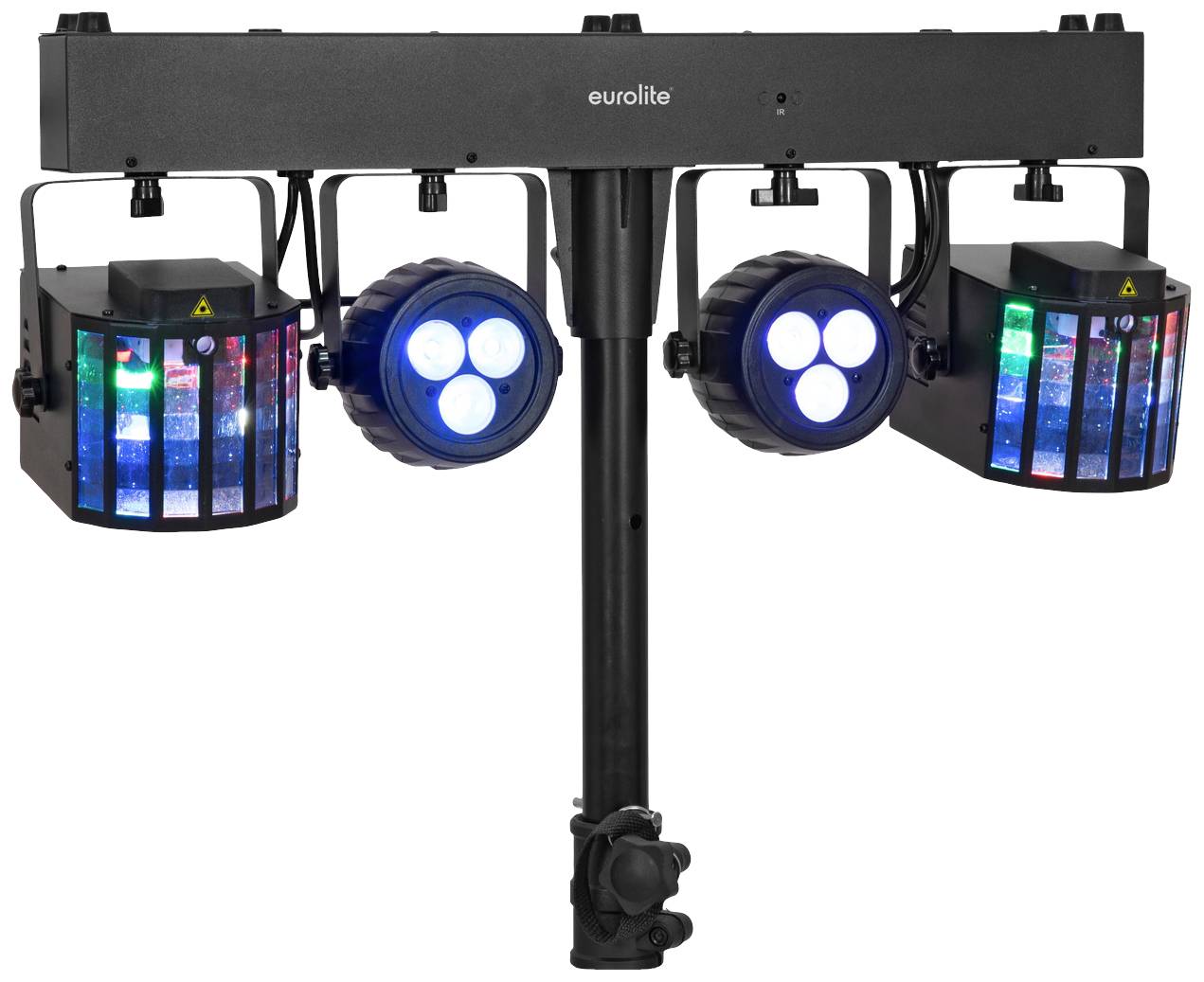 'Eurolite' lighting system with four colourful LED spotlights: Two round spotlight fixtures and two rectangular light effects mounted on a stand.