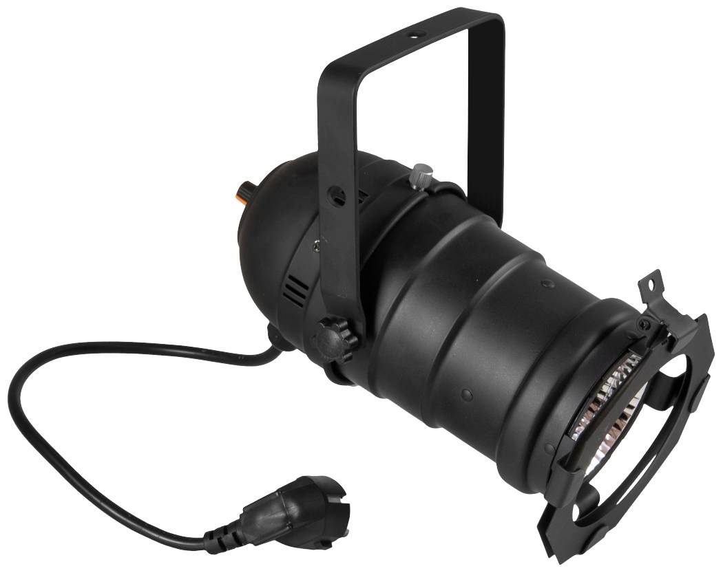 A black stage spotlight with a handle and power cable. The spotlight has a holder ring for colour filters.