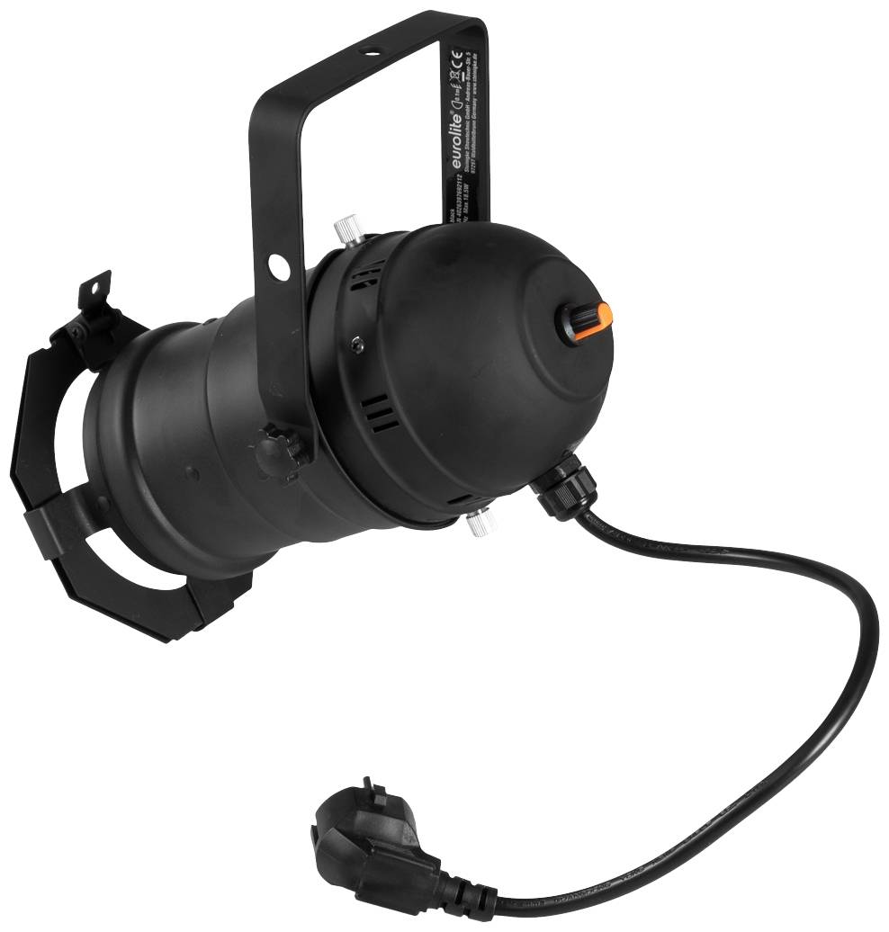 Black LED theatre spotlight with adjustable mounting bracket and power cable. Suitable for stage lighting.