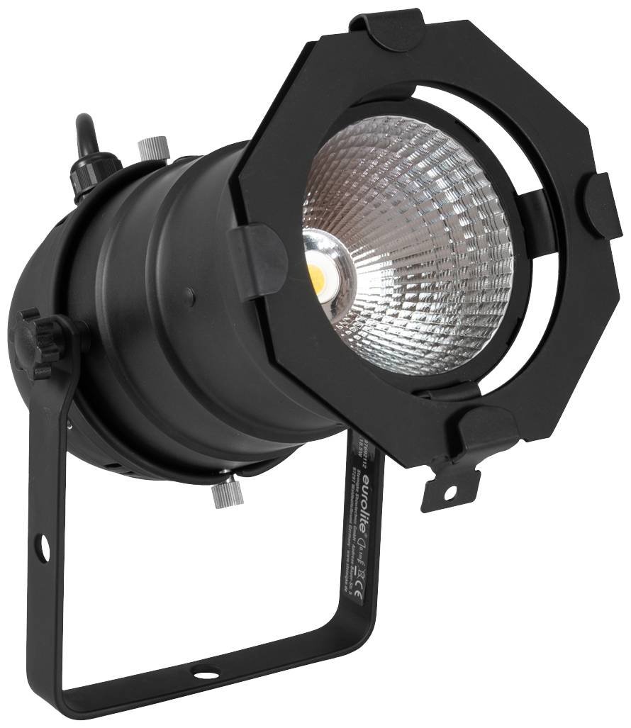 A black stage spotlight with a mount, angled to the left. It features a clear, reflective lens.