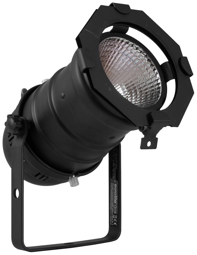 A black stage spotlight with an angled reflector and mounting bracket, ready for stage lighting installation.