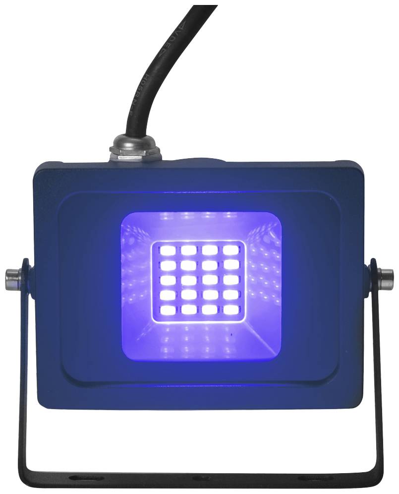A blue LED floodlight with a black cable, mounted on a metal bracket, shines a bright blue light.