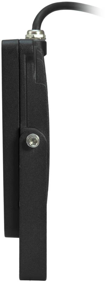 Black electronic component viewed from the side, with cable connected at the top.