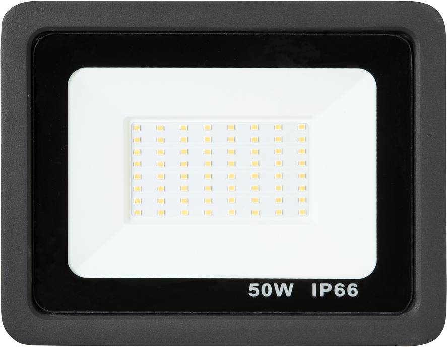 LED floodlight with 50W power and IP66 protection rating. Rectangular design, suitable for outdoor use.
