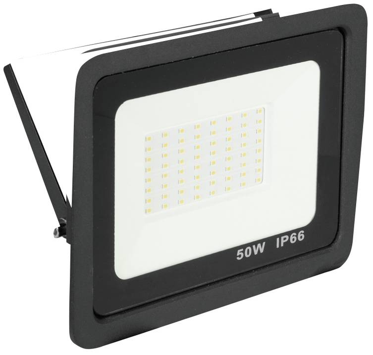 Rectangular LED Floodlight, 50W, black, suitable for outdoor use, with IP66 protection rating, featuring small evenly distributed LED lights.