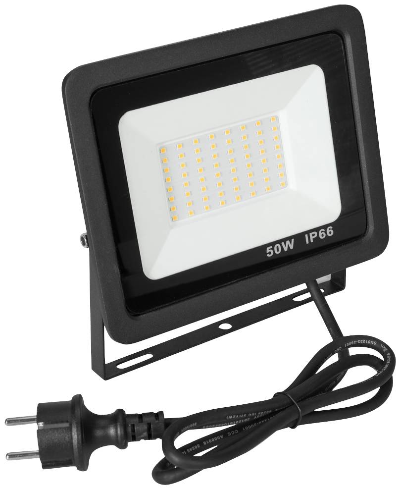 LED floodlight with black casing, 50W power output, IP66 waterproof. Front side displays numerous small LED light points.