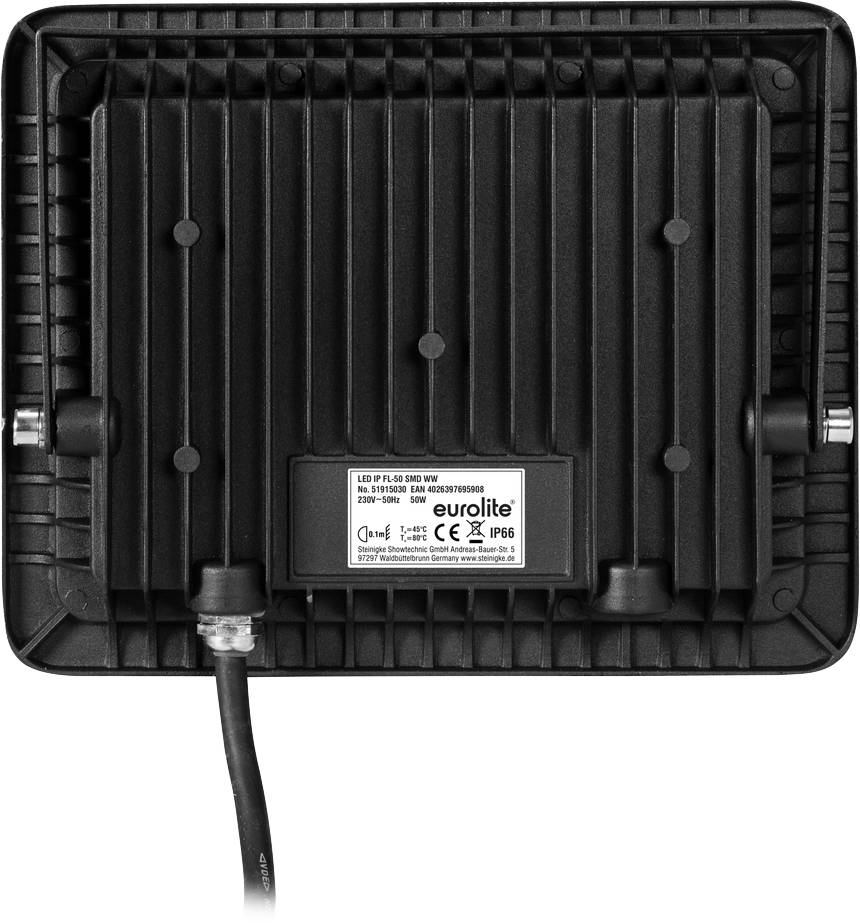 'Eurolite LED IP FL-50 SMD 5700' Floodlight, black back with cooling fins, cable connection at the bottom.